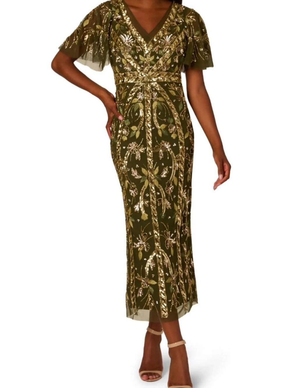 Adrianna Papell Olive Green Embellished Flutter Sleeve Midi Dress